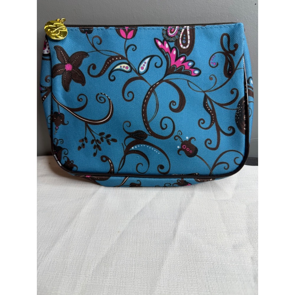 Estee Lauder Blue Floral Paisley Makeup Bag Gold Logo Zipper Pull Pouch